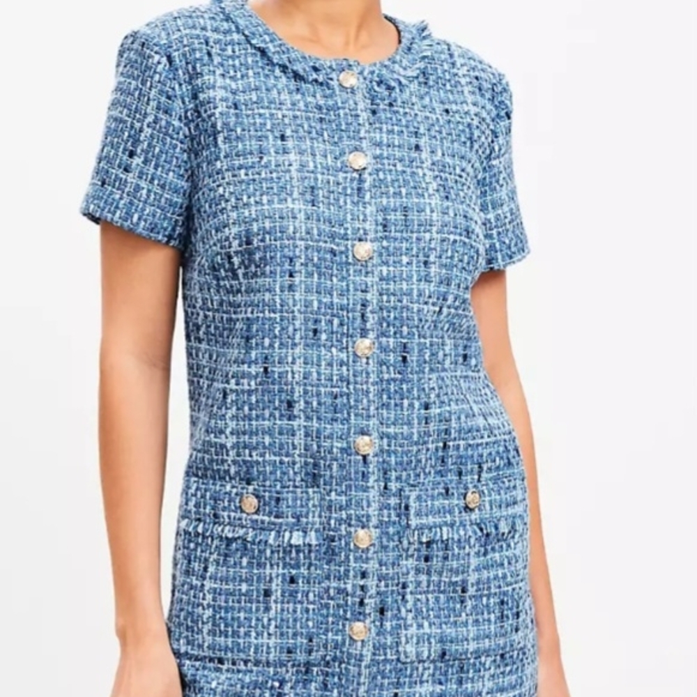 LOFT Blue Tweed Mini Dress - Picture 3 of 6